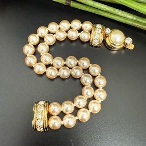 KJL Kenneth J Lane Double Strand Faux Pearl Clear Rhinestone Clasp Bracelet